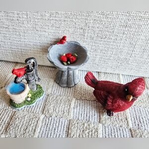 Resin 3 Piece Spring Mini Freestand Set Cardinal Water Pump Birdbath Decor